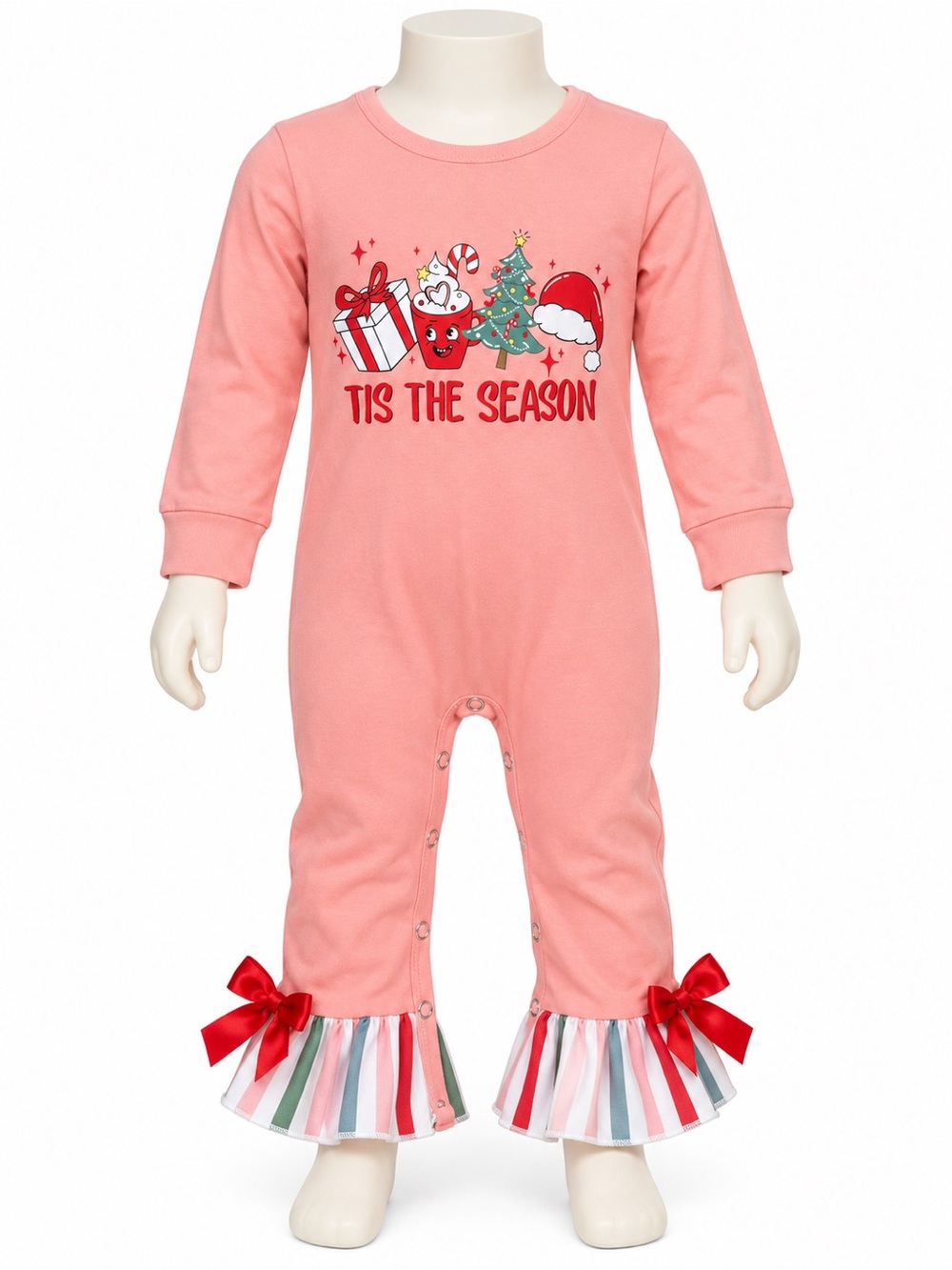 Marie Nicole Girls 18–24M Tis the Season Christmas Romper Pink Ruffle Bow